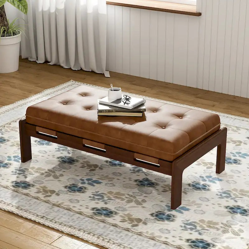 Table basse de 122,9 cm, rectangulaire, capitonnée en similicuir PU avec cadre en bois d'hévéa