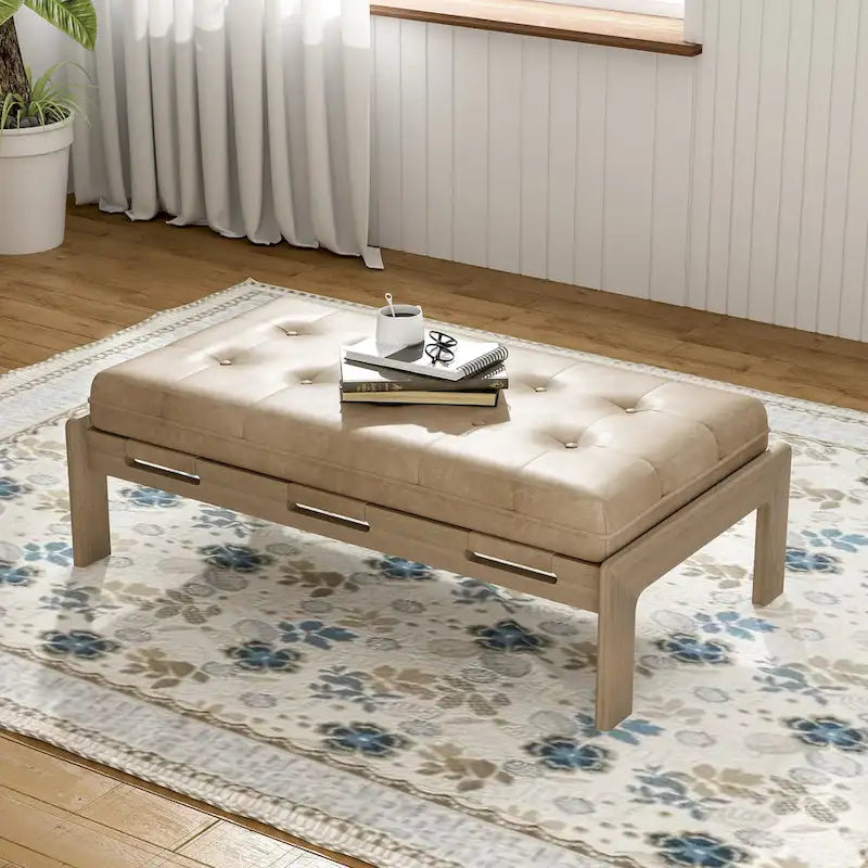 Table basse de 122,9 cm, rectangulaire, capitonnée en similicuir PU avec cadre en bois d'hévéa