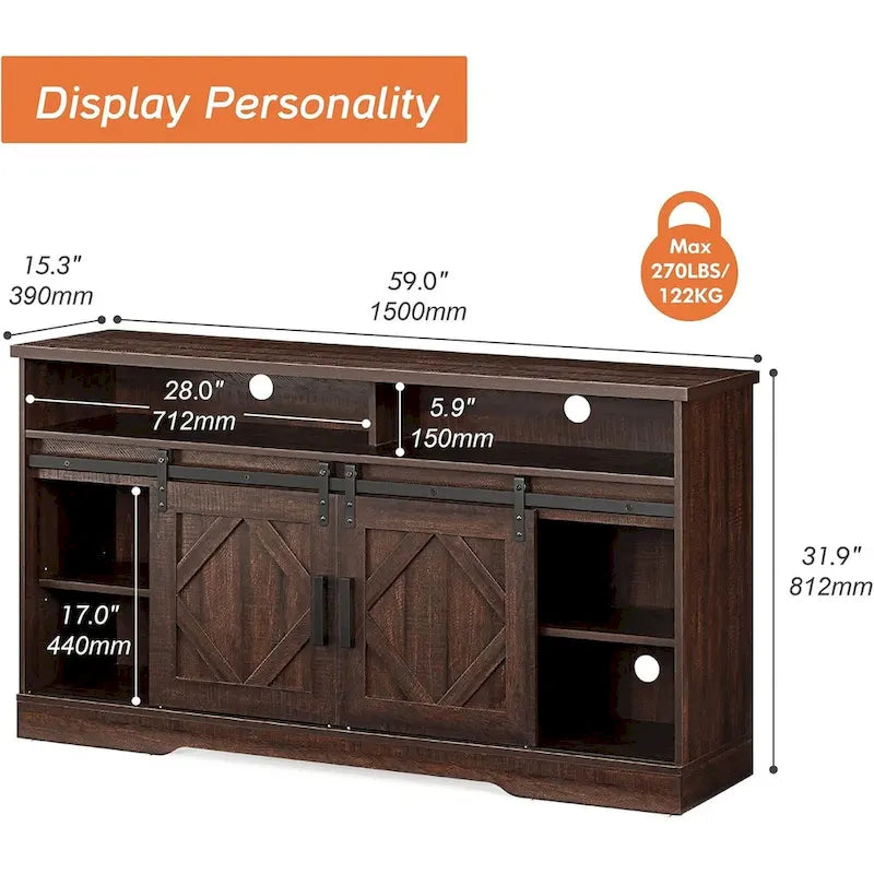Meuble TV de ferme pour téléviseur de 65 à 70 pouces avec 2 portes coulissantes de style grange