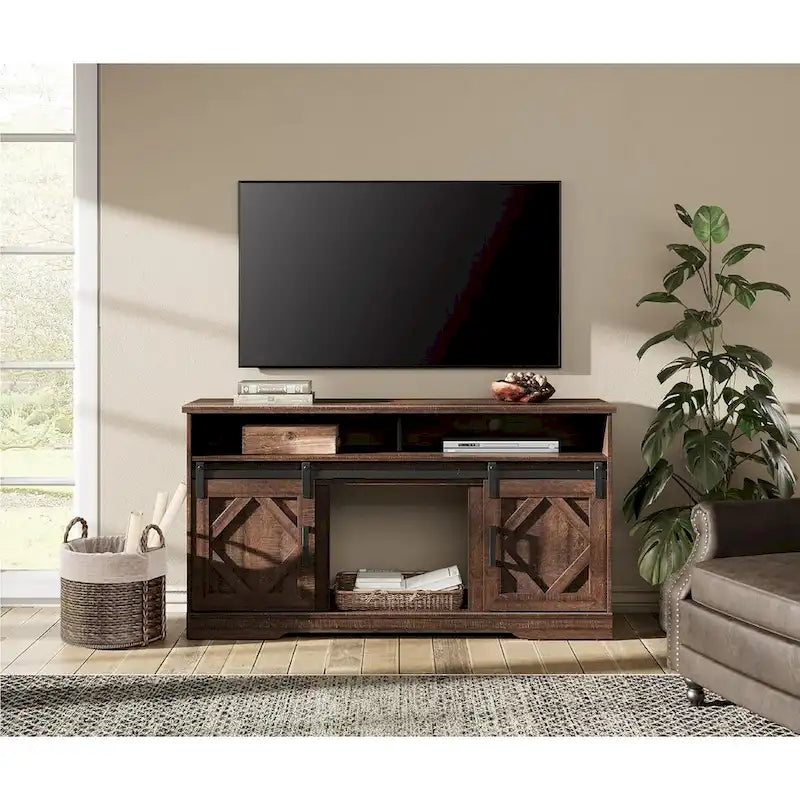 Meuble TV de ferme pour téléviseur de 65 à 70 pouces avec 2 portes coulissantes de style grange