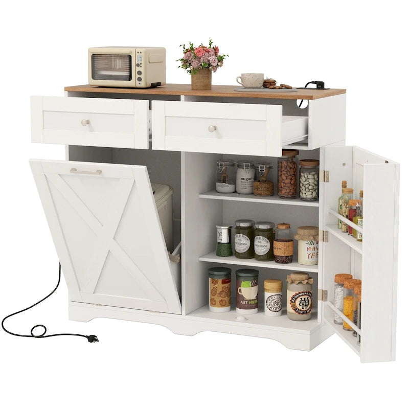 Meuble de Poubelle Inclinable avec Prises, 2 Tiroirs et Étagère Réglable