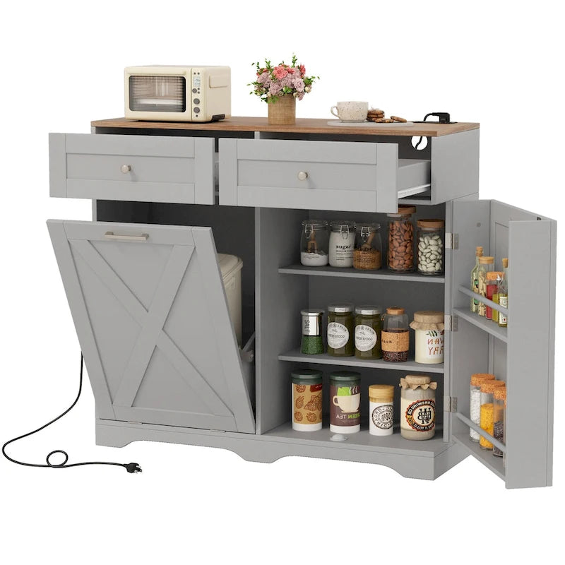 Meuble de Poubelle Inclinable avec Prises, 2 Tiroirs et Étagère Réglable