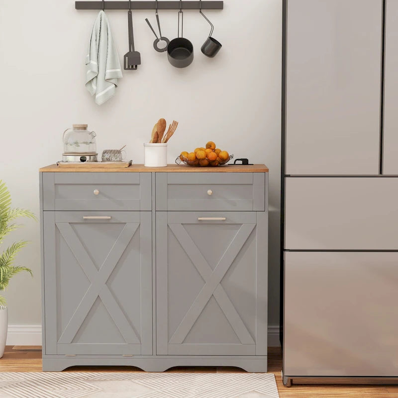 Meuble de Poubelle Inclinable avec Prises, 2 Tiroirs et Étagère Réglable