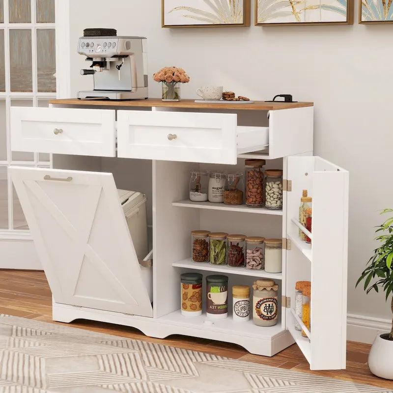 Meuble de Poubelle Inclinable avec Prises, 2 Tiroirs et Étagère Réglable