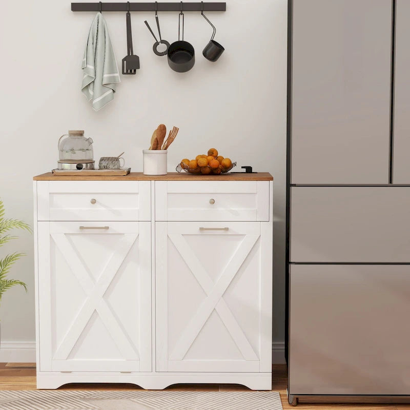 Meuble de Poubelle Inclinable avec Prises, 2 Tiroirs et Étagère Réglable