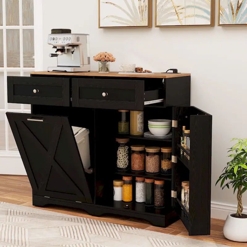Meuble de Poubelle Inclinable avec Prises, 2 Tiroirs et Étagère Réglable
