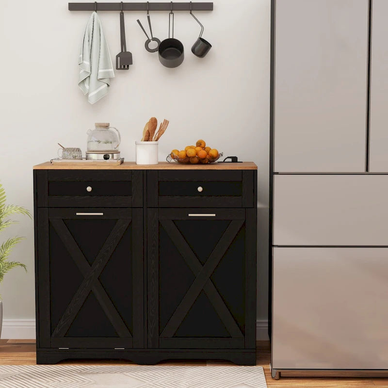 Meuble de Poubelle Inclinable avec Prises, 2 Tiroirs et Étagère Réglable