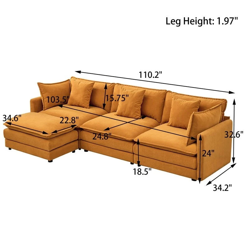 110.2 Canapé trois places capitonné en chenille, pouf