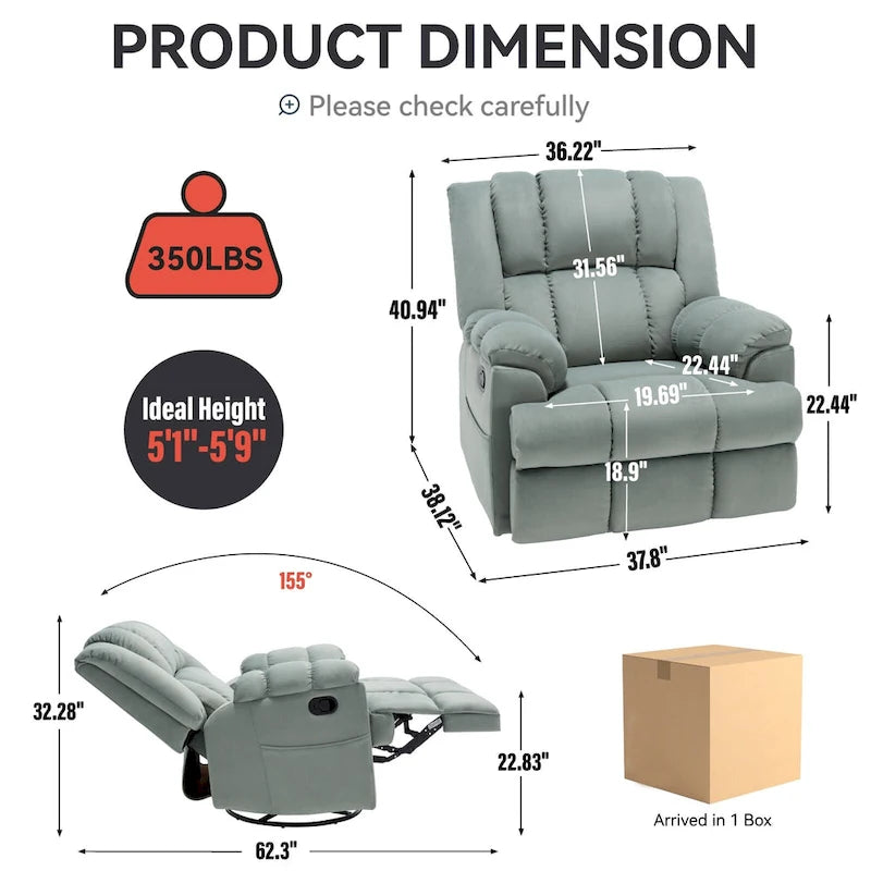 Fauteuil inclinable pivotant et à bascule surdimensionné en tissu avec accoudoirs rembourrés