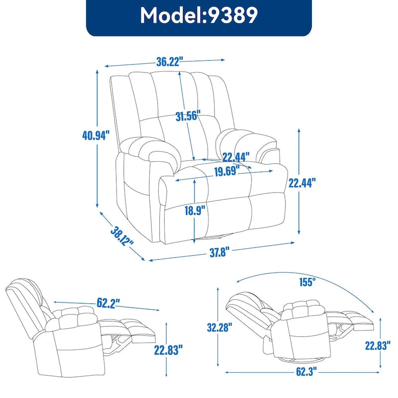 Fauteuil inclinable pivotant et à bascule surdimensionné en tissu avec accoudoirs rembourrés