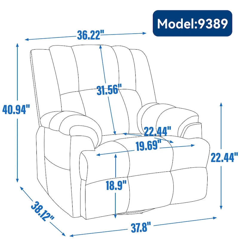 Fauteuil inclinable pivotant et à bascule surdimensionné en tissu avec accoudoirs rembourrés