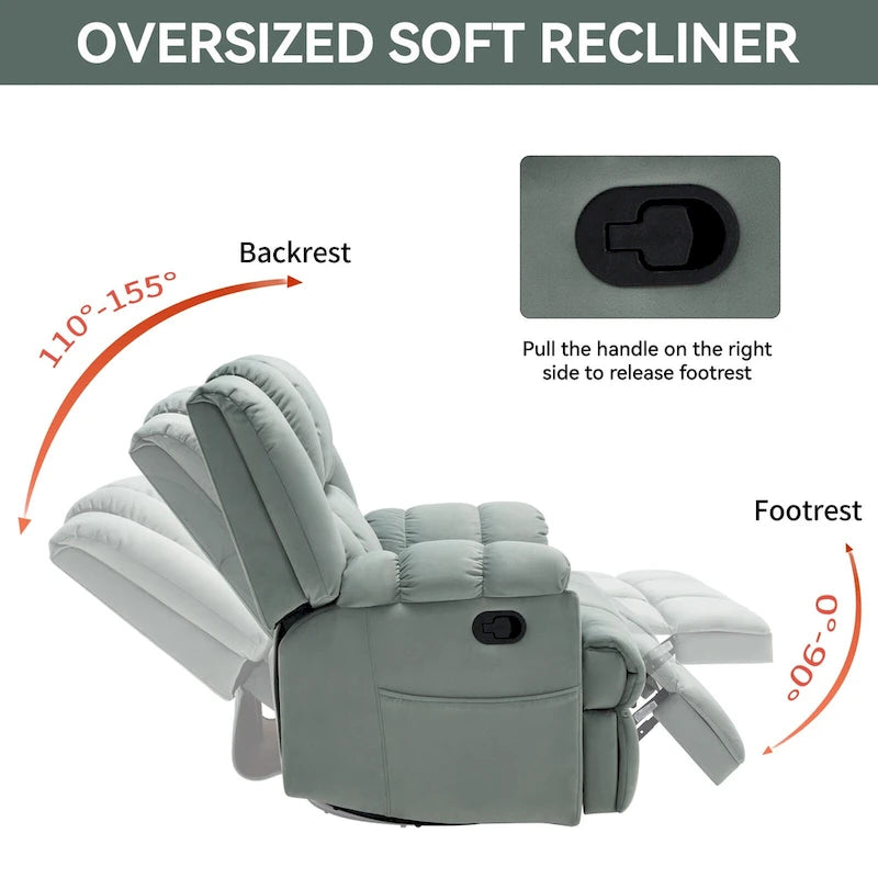 Fauteuil inclinable pivotant et à bascule surdimensionné en tissu avec accoudoirs rembourrés