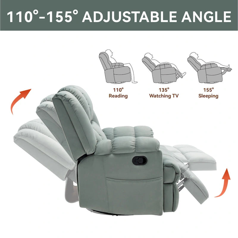 Fauteuil inclinable pivotant et à bascule surdimensionné en tissu avec accoudoirs rembourrés