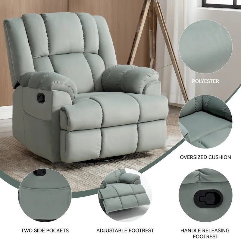Fauteuil inclinable pivotant et à bascule surdimensionné en tissu avec accoudoirs rembourrés