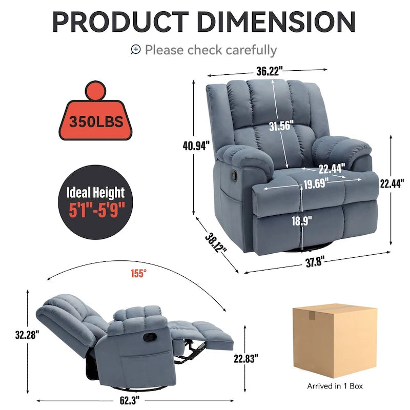 Fauteuil inclinable pivotant et à bascule surdimensionné en tissu avec accoudoirs rembourrés