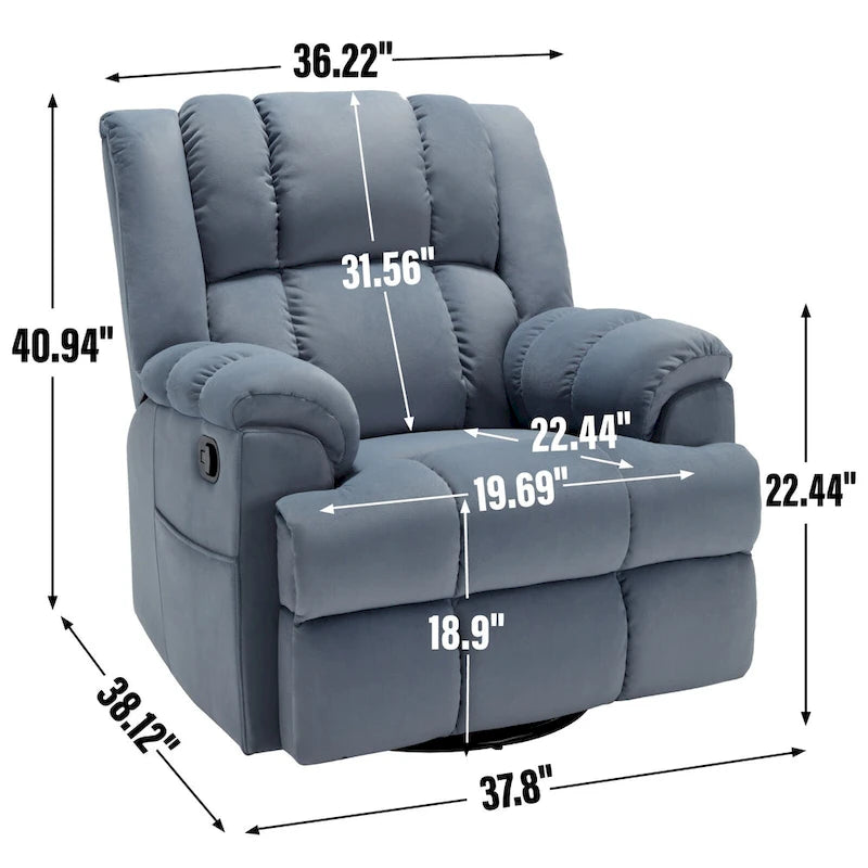 Fauteuil inclinable pivotant et à bascule surdimensionné en tissu avec accoudoirs rembourrés
