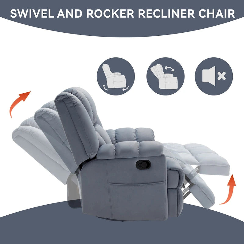 Fauteuil inclinable pivotant et à bascule surdimensionné en tissu avec accoudoirs rembourrés