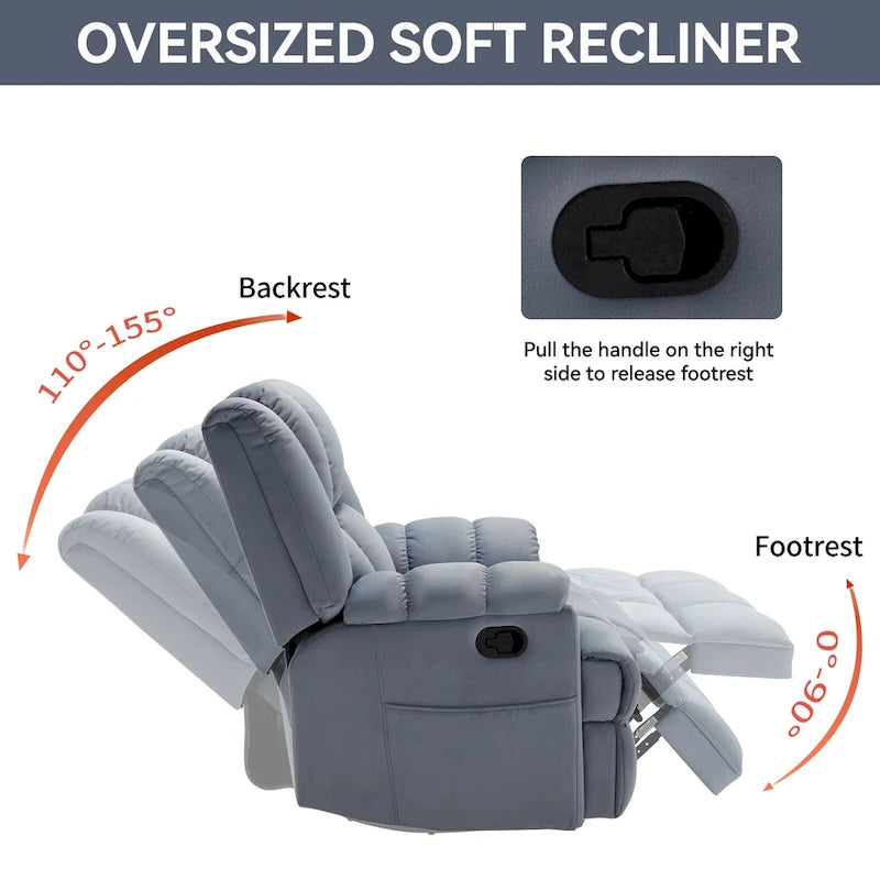Fauteuil inclinable pivotant et à bascule surdimensionné en tissu avec accoudoirs rembourrés