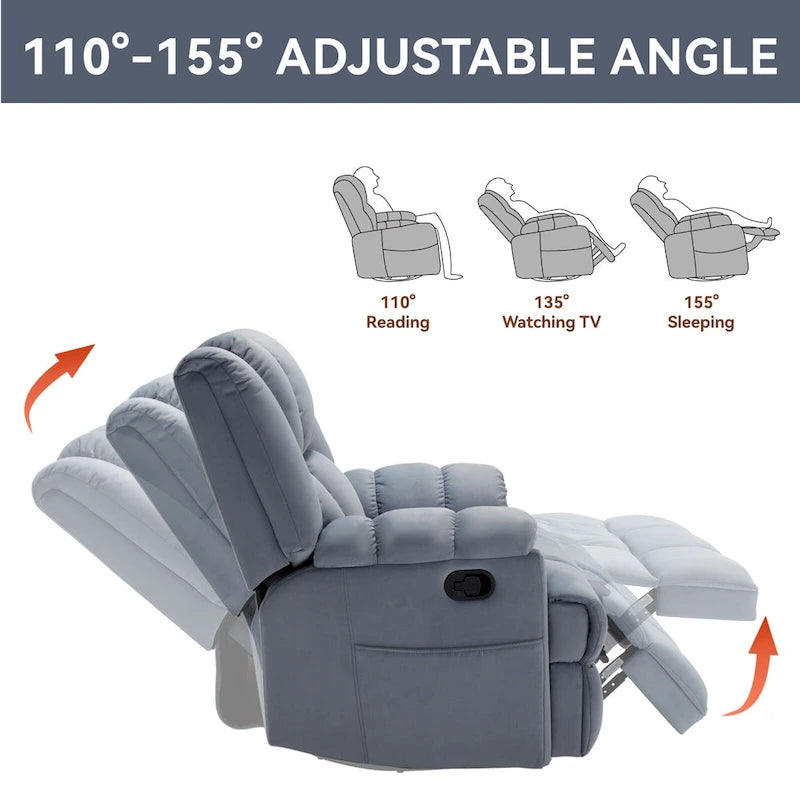 Fauteuil inclinable pivotant et à bascule surdimensionné en tissu avec accoudoirs rembourrés