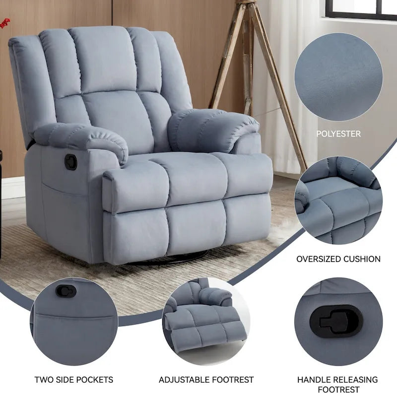 Fauteuil inclinable pivotant et à bascule surdimensionné en tissu avec accoudoirs rembourrés