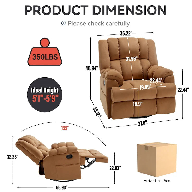 Fauteuil inclinable pivotant et à bascule surdimensionné en tissu avec accoudoirs rembourrés