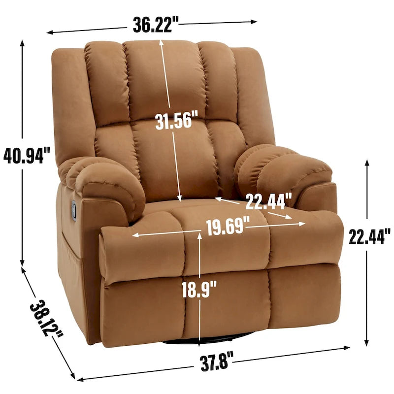 Fauteuil inclinable pivotant et à bascule surdimensionné en tissu avec accoudoirs rembourrés
