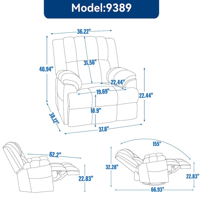 Fauteuil inclinable pivotant et à bascule surdimensionné en tissu avec accoudoirs rembourrés
