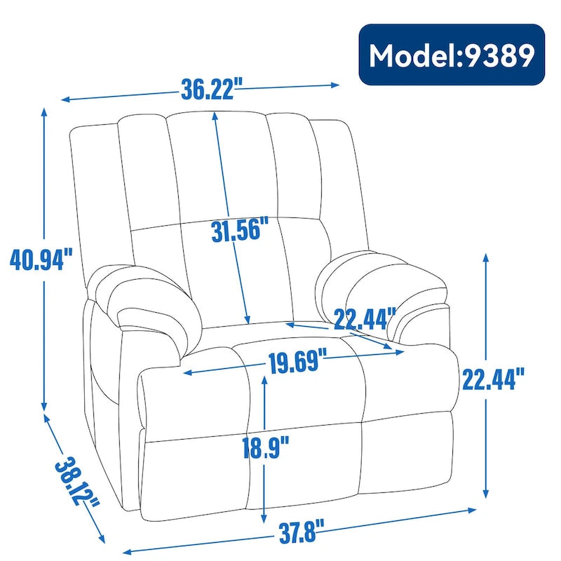 Fauteuil inclinable pivotant et à bascule surdimensionné en tissu avec accoudoirs rembourrés