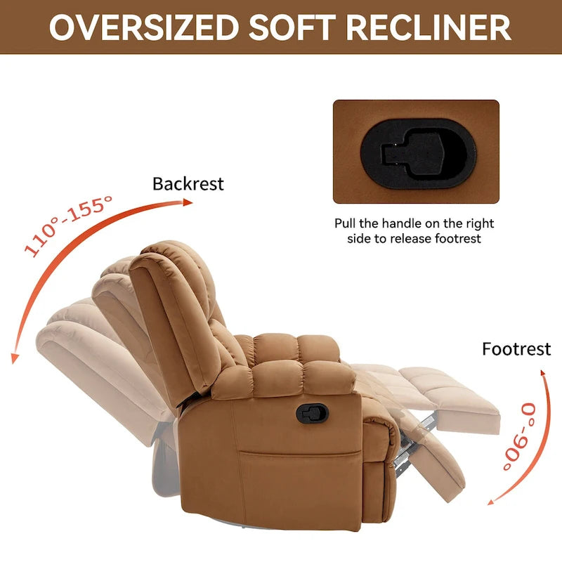 Fauteuil inclinable pivotant et à bascule surdimensionné en tissu avec accoudoirs rembourrés