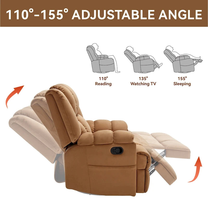 Fauteuil inclinable pivotant et à bascule surdimensionné en tissu avec accoudoirs rembourrés