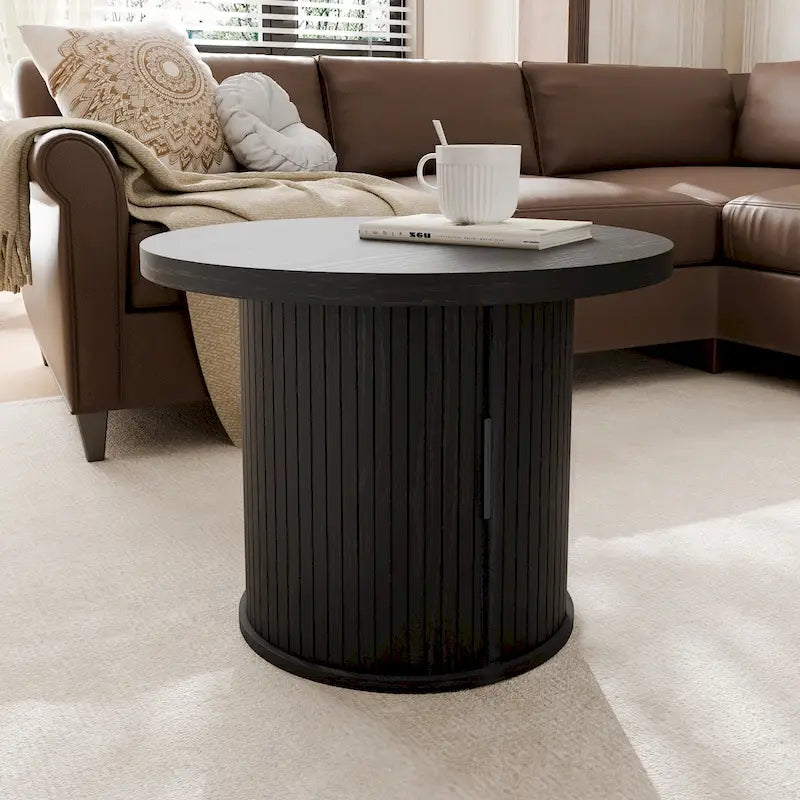 Table basse ronde avec portes coulissantes et étagère de rangement