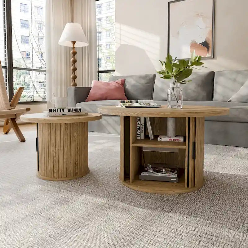 Table basse ronde avec portes coulissantes et étagère de rangement