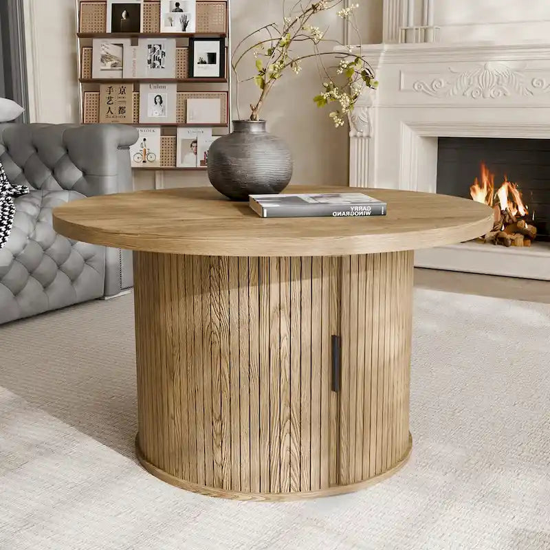 Table basse ronde avec portes coulissantes et étagère de rangement
