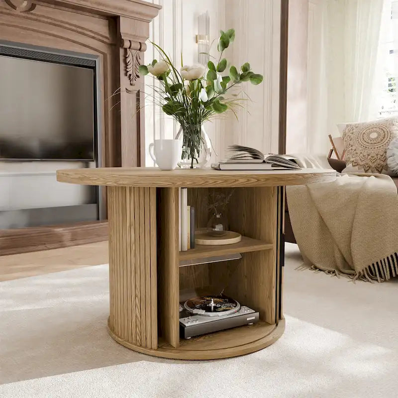 Table basse ronde avec portes coulissantes et étagère de rangement