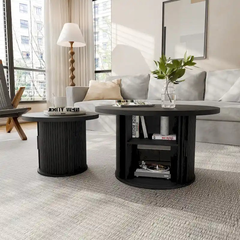 Table basse ronde avec portes coulissantes et étagère de rangement