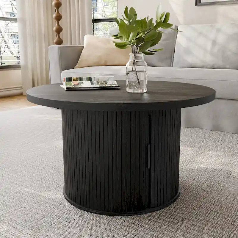 Table basse ronde avec portes coulissantes et étagère de rangement