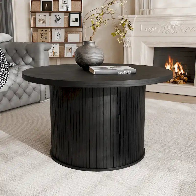 Table basse ronde avec portes coulissantes et étagère de rangement