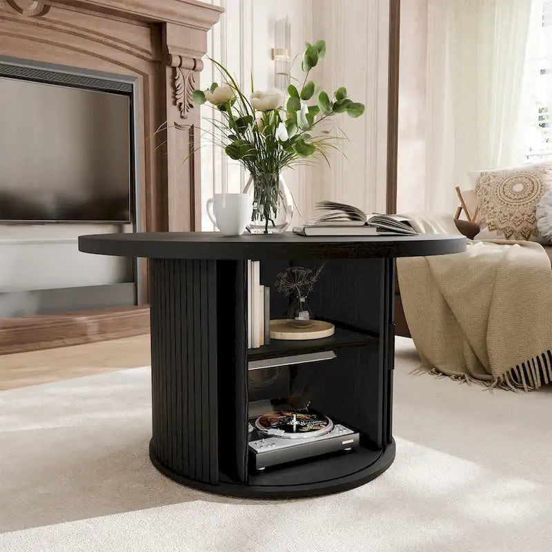 Table basse ronde avec portes coulissantes et étagère de rangement