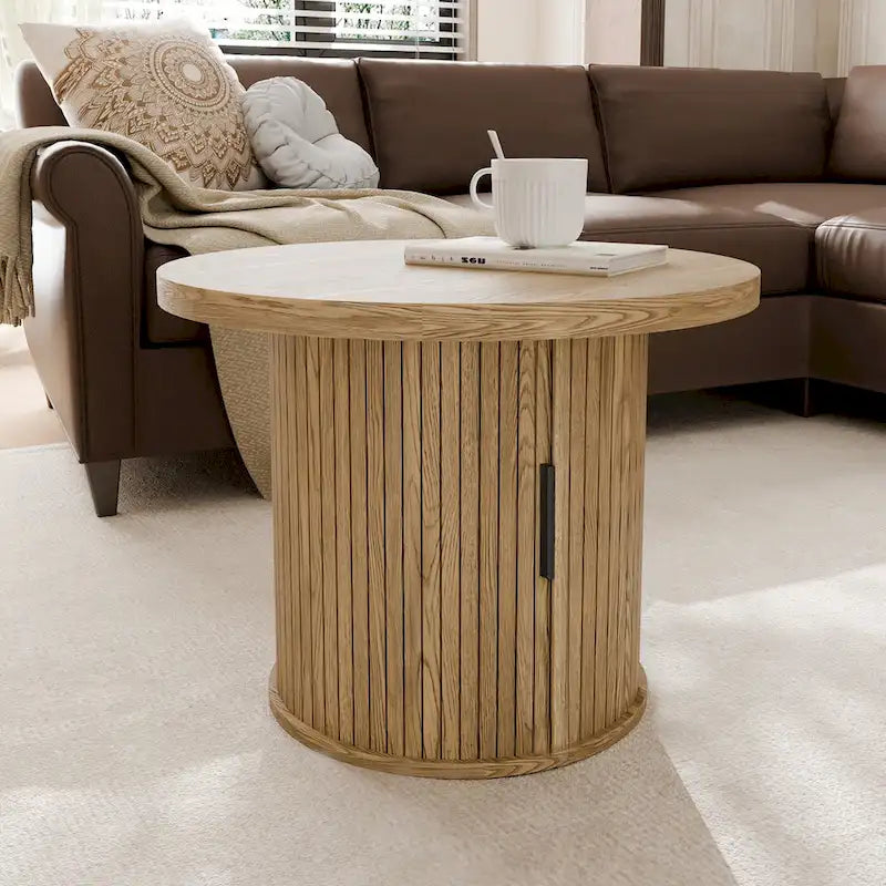 Table basse ronde avec portes coulissantes et étagère de rangement