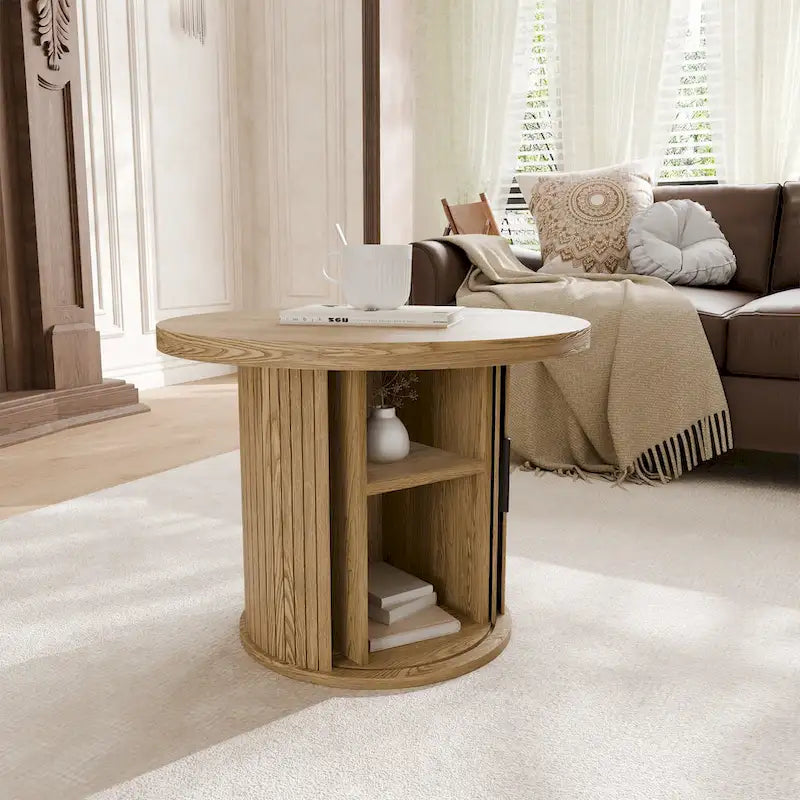 Table basse ronde avec portes coulissantes et étagère de rangement