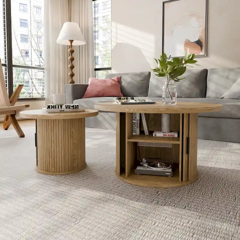 Table basse ronde avec portes coulissantes et étagère de rangement