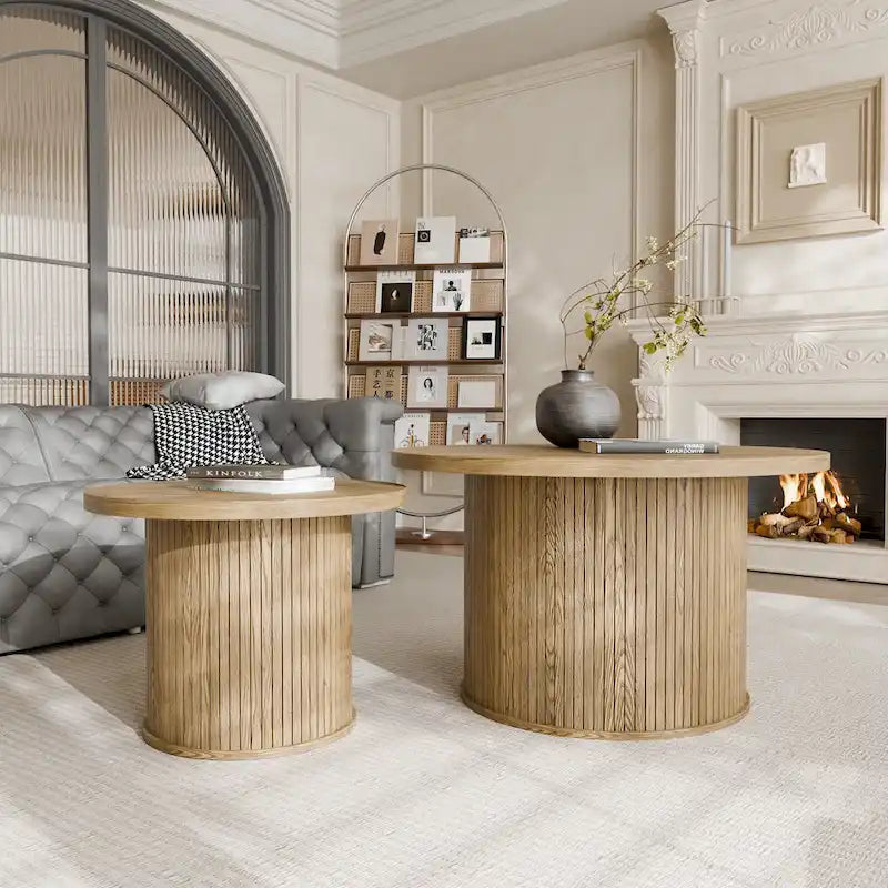 Table basse ronde avec portes coulissantes et étagère de rangement
