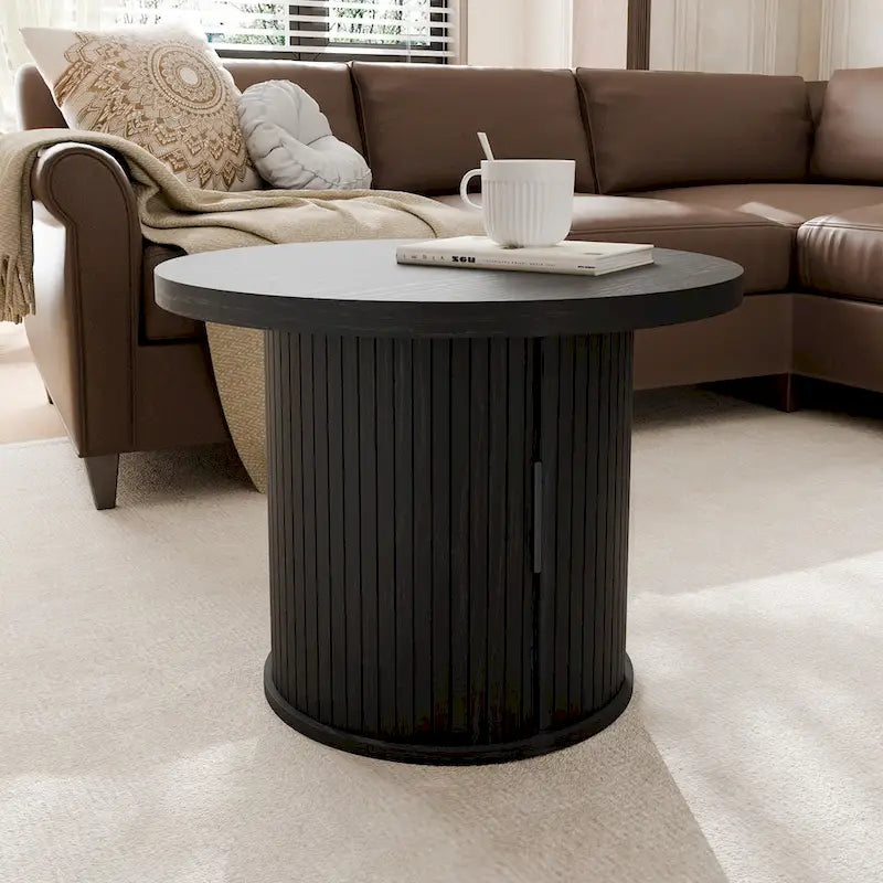 Table basse ronde avec portes coulissantes et étagère de rangement