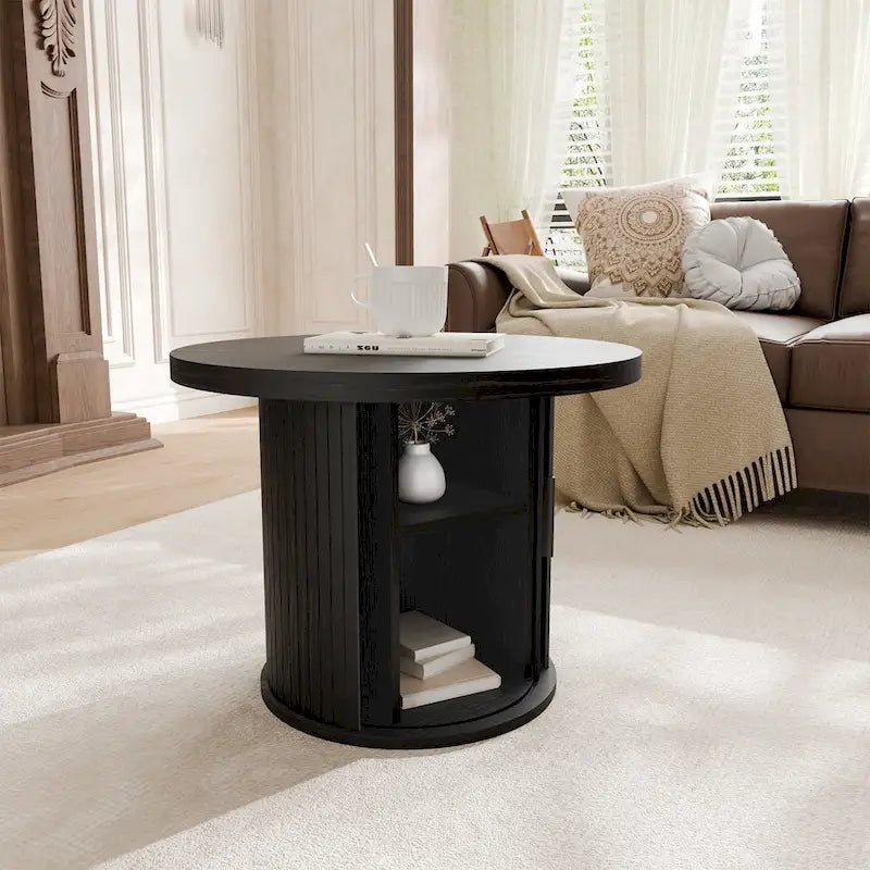 Table basse ronde avec portes coulissantes et étagère de rangement