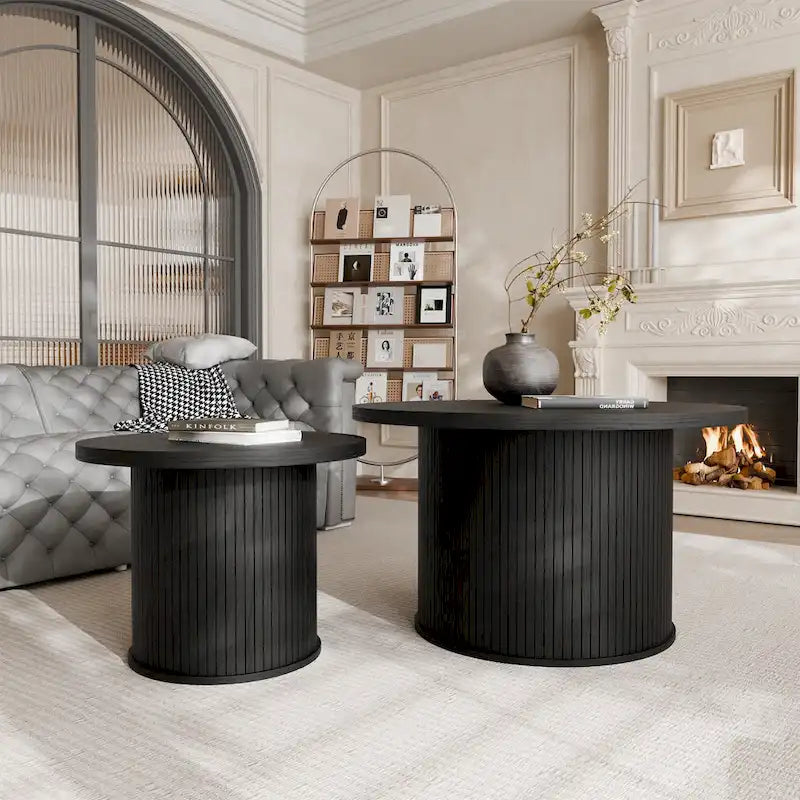 Table basse ronde avec portes coulissantes et étagère de rangement