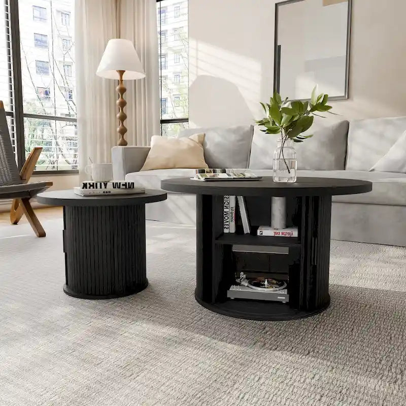 Table basse ronde avec portes coulissantes et étagère de rangement