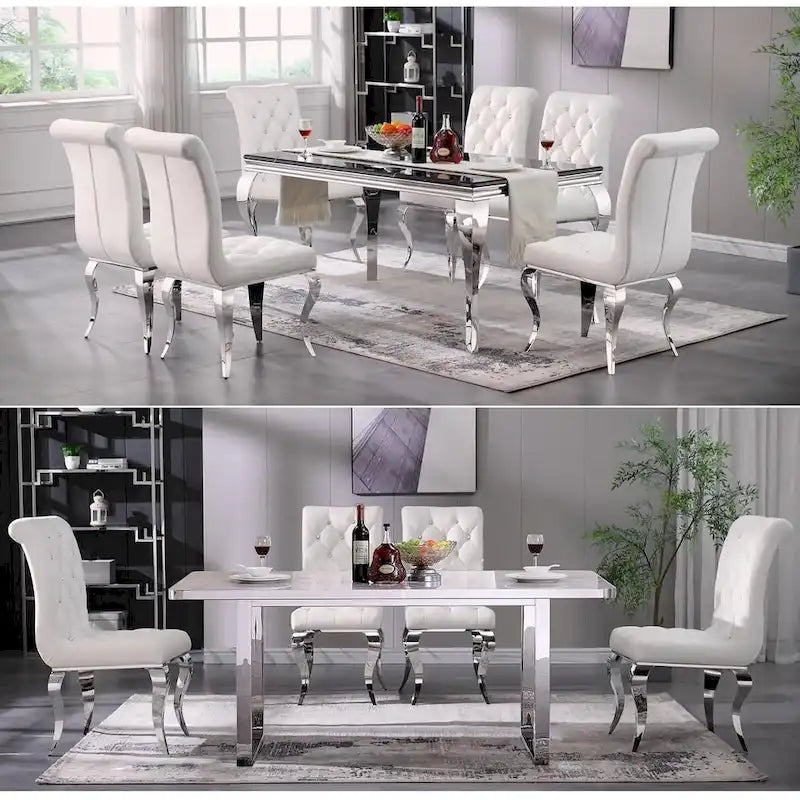 Chaises tapissées de velours avec dossier capitonné orné de cristaux et pieds cabriolets en métal miroir.