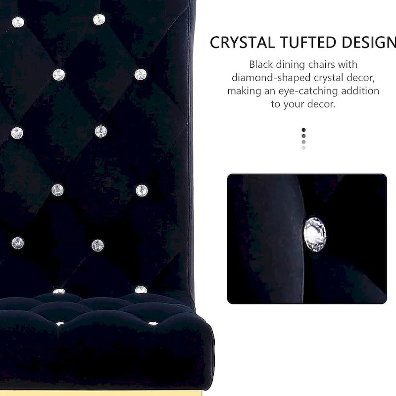 Chaises tapissées de velours avec dossier capitonné orné de cristaux et pieds cabriolets en métal miroir.