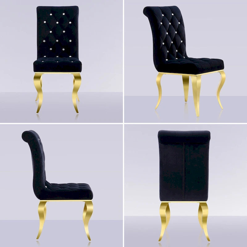 Chaises tapissées de velours avec dossier capitonné orné de cristaux et pieds cabriolets en métal miroir.