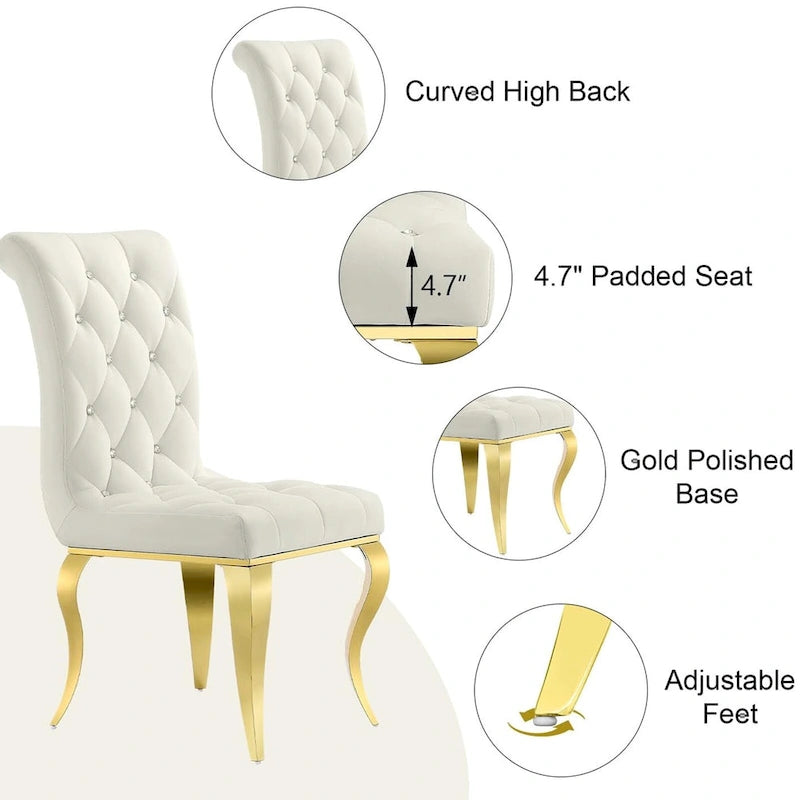 Chaises tapissées de velours avec dossier capitonné orné de cristaux et pieds cabriolets en métal miroir.